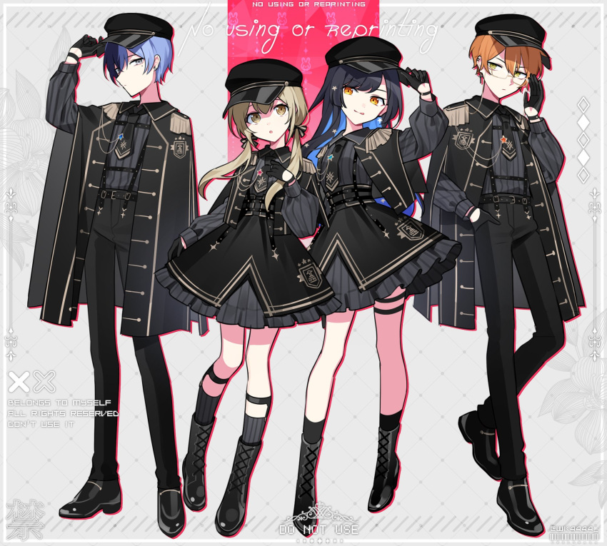 2boys 2girls aiguillette alternate_costume aoyagi_touya argyle argyle_background azusawa_kohane belt black_belt black_cape black_coat black_dress black_footwear black_gloves black_hair black_headwear black_necktie black_pants black_shirt black_socks blonde_hair blue_hair blue_outline boots border cape chest_harness closed_mouth coat coat_on_shoulders colored_inner_hair commentary_request cross cross-laced_footwear cross_earrings dark_blue_hair dress dress_shoes ear_piercing earrings epaulettes expressionless fringe_trim full_body glasses gloves gold_trim green_eyes grey_background grey_eyes grey_shirt hair_between_eyes half_gloves hand_in_pocket hand_on_headwear hand_up harness hat highres jewelry leaf leaf_background legs legwear_garter light_blue_hair long_hair long_legs long_sleeves looking_at_viewer low_twintails military military_lolita military_uniform mole mole_under_eye multicolored_hair multiple_boys multiple_girls necktie orange_hair outline pants peaked_cap piercing project_sekai puffy_long_sleeves puffy_sleeves shade shinonome_akito shiraishi_an shirt shoes short_hair short_necktie simple_background socks split-color_hair standing streaked_hair striped striped_shirt tsurime twintails two-tone_hair uniform vertical-striped_shirt vertical_stripes vivid_bad_squad_(project_sekai) waka_(wk4444) white_border yellow_eyes