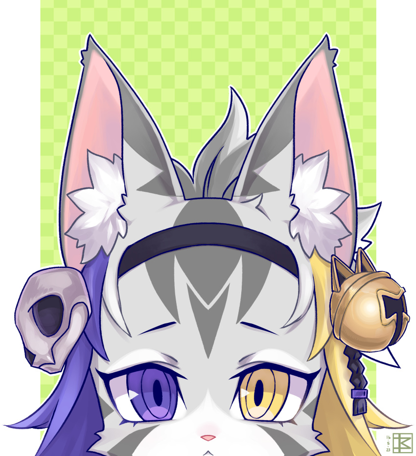 1girl :&lt; animal_ear_fluff animal_ears animal_nose bell black_hairband blonde_hair braid cat_ears cat_girl cat_skull checkered_background commentary dated furry furry_female green_background grey_fur grey_hair hair_ornament hairband heterochromia high_ponytail highres jingle_bell ko_myth multicolored_hair pillarboxed purple_hair quantum_(housamo) self-upload signature skull_hair_ornament solo tokyo_afterschool_summoners violet_eyes yellow_eyes