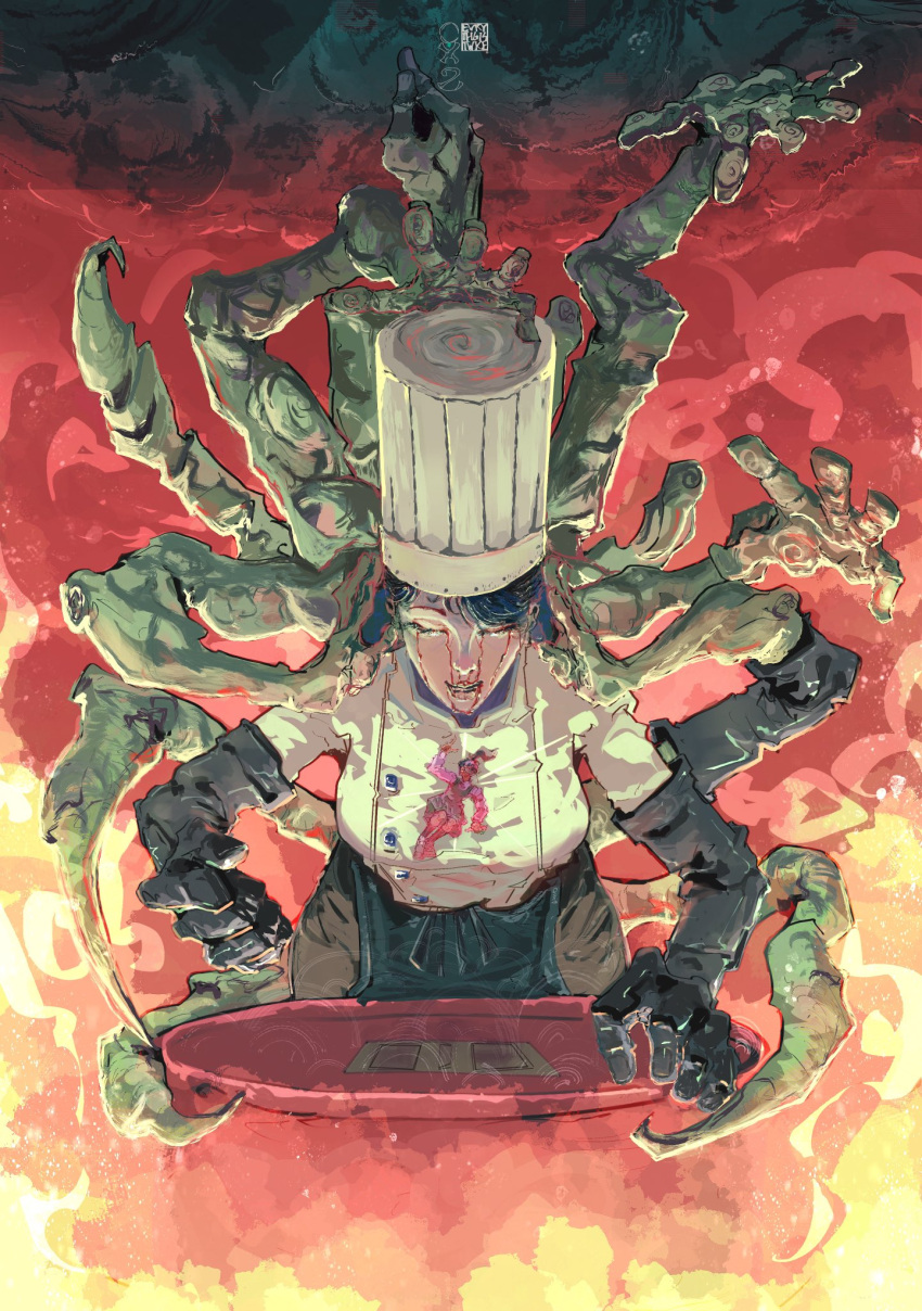 2girls apron arthropod_limbs black_apron black_gloves black_hair blood blood_from_eyes blood_from_mouth chainsaw_man chef chef_hat disembodied_head dress elbow_gloves evrythgistwice extra_arms falling_devil_(chainsaw_man) fire flat_top_chef_hat fourth_east_high_school_uniform gloves hat hell_(chainsaw_man) highres holding holding_head holding_tray mitaka_asa multiple_girls nosebleed pinafore_dress school_uniform severed_head short_hair sleeveless sleeveless_dress tray waist_apron