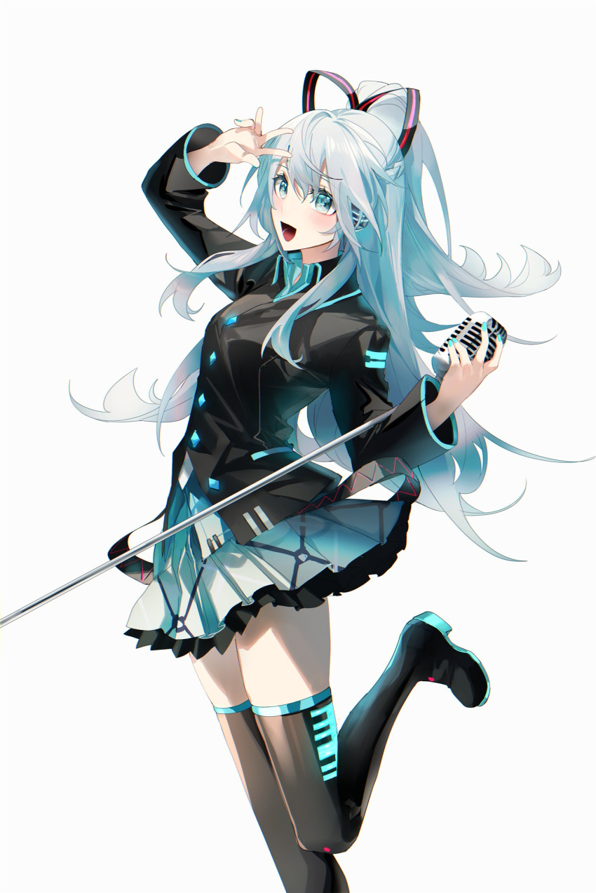 1girl aqua_nails belt black_belt black_footwear black_jacket blue_eyes blue_hair blue_skirt boots breasts buttons collared_jacket collared_shirt eyelashes fingernails floating_hair foot_up hair_between_eyes hand_up hatsune_miku hatsune_miku_(if) headphones high_ponytail highres holding holding_microphone jacket knees_together_feet_apart light_blue_hair long_hair loose_belt medium_breasts microphone nura_orimoto open_mouth plaid plaid_skirt pleated_skirt ponytail shirt sidelighting sidelocks simple_background skirt smile solo standing standing_on_one_leg thigh_boots vocaloid white_background zettai_ryouiki