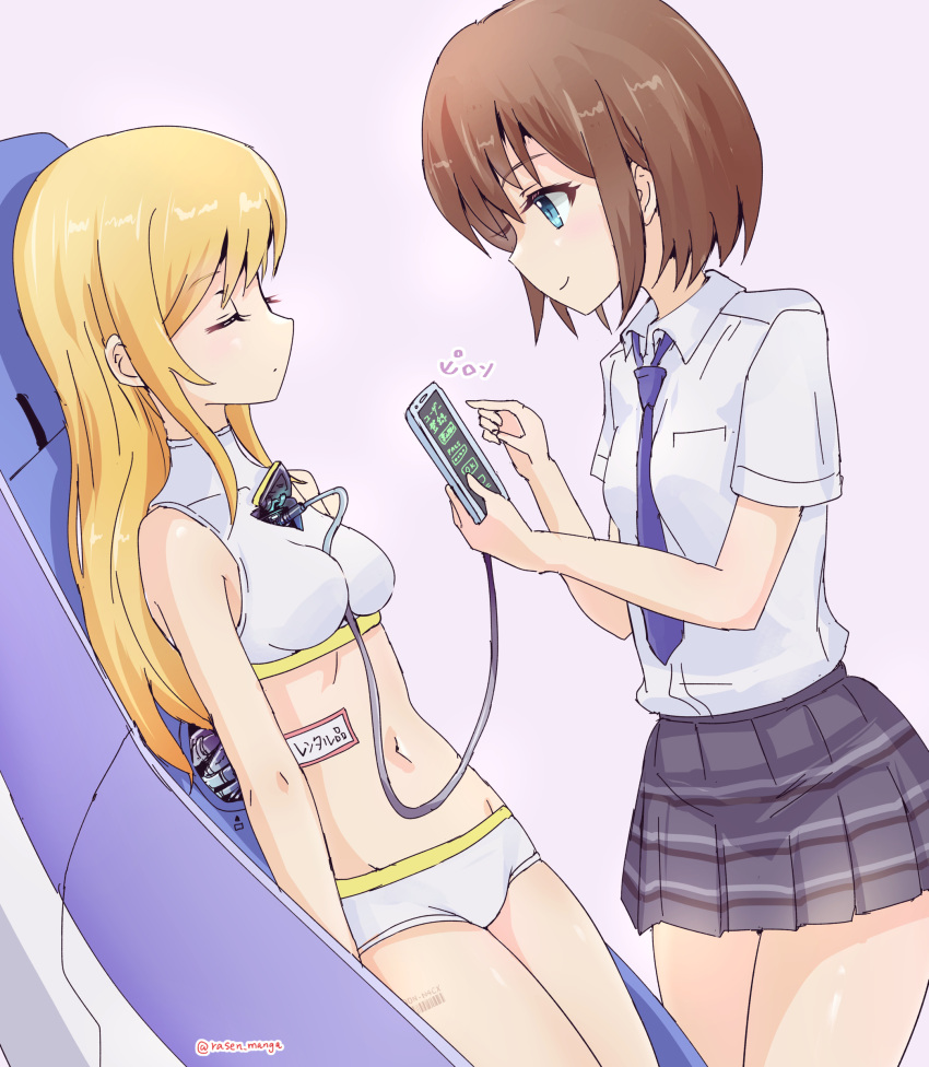 2girls absurdres android barcode blonde_hair blue_eyes breasts brown_hair cable cellphone charging_device closed_eyes extreme_hearts hayama_hiyori highres humanoid_robot long_hair looking_at_phone mechanical_parts micro_shorts midriff multiple_girls navel necktie nono_(extreme_hearts) phone rasen_manga robot robot_girl school_uniform shirt short_hair shorts skirt smartphone smile sports_bra sportswear tag thighs white_shirt