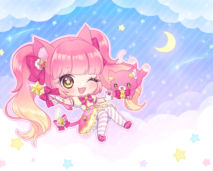 1other :3 :d ;3 ;d animal_ear_fluff animal_ears bell blonde_hair blue_background blunt_bangs blush bow bowtie brooch bubble_skirt cat cat_ears cat_other cat_tail chibi clouds commission crescent dot_nose estella_(millie_(mahoustars)) eyes_visible_through_hair fingerless_gloves footwear_bow full_body gloves gradient_hair hair_bow hair_ornament hands_up highres holding holding_wand jewelry knees_up long_hair magical_star_(millie_(mahoustars)) miniskirt multicolored_hair nonoka_(ydydydmn) one_eye_closed original other_focus outline pink_bow pink_bowtie pink_cat pink_footwear pink_hair pink_outline pink_thighhighs puffy_short_sleeves puffy_sleeves ribbon shirt shoes short_sleeves sidelocks skeb_commission skirt smile solo star_(symbol) star_hair_ornament star_in_eye striped striped_thighhighs suspenders symbol_in_eye tail tail_bell tail_ornament tail_ribbon thigh-highs twintails very_long_hair wand wavy_hair white_gloves yellow_eyes yellow_shirt yellow_skirt