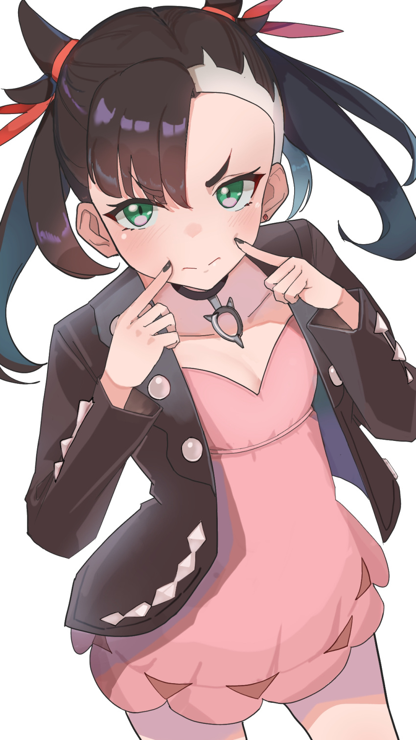 1girl amepa_(ame_pinecandy) asymmetrical_bangs black_choker black_hair black_jacket black_nails choker commentary_request commission dress earrings finger_to_cheek fingersmile flat_chest green_eyes hair_ribbon highres index_finger_raised jacket jewelry light_blush looking_at_viewer marnie_(pokemon) pendant_choker pink_dress pokemon pokemon_(game) pokemon_swsh ribbon single_earring skeb_commission solo split_mouth stud_earrings twintails undercut v-shaped_eyebrows