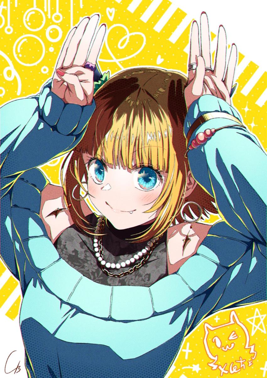 1girl 4b-enpitsu bead_necklace beads blonde_hair blue_sweater blush character_signature closed_mouth commentary earrings fang highres jewelry memcho multiple_rings necklace off-shoulder_sweater off_shoulder oshi_no_ko ring short_hair sidelocks signature solo sweater