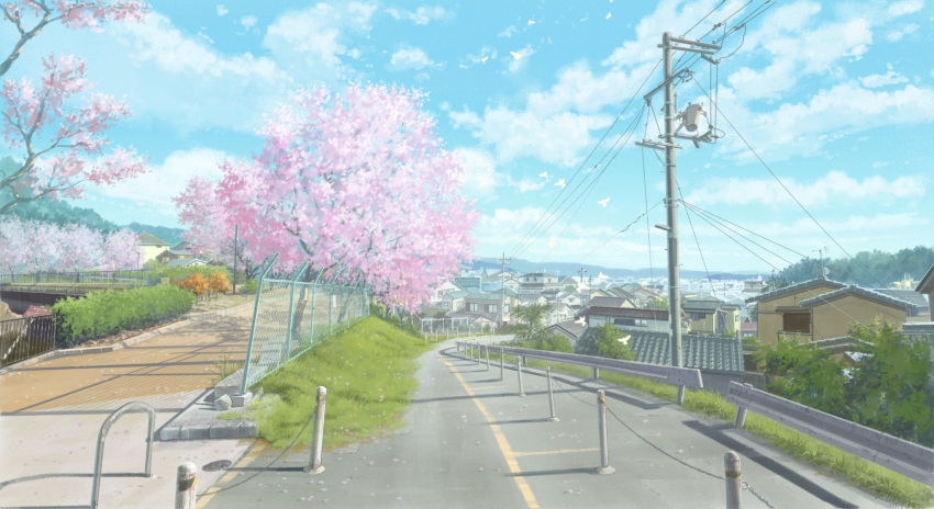 blue_sky building bush cherry_blossoms city clouds cloudy_sky fence gate grass hedge highres hill no_humans original park pigsomedom plant power_lines road scenery sky street town tree utility_pole