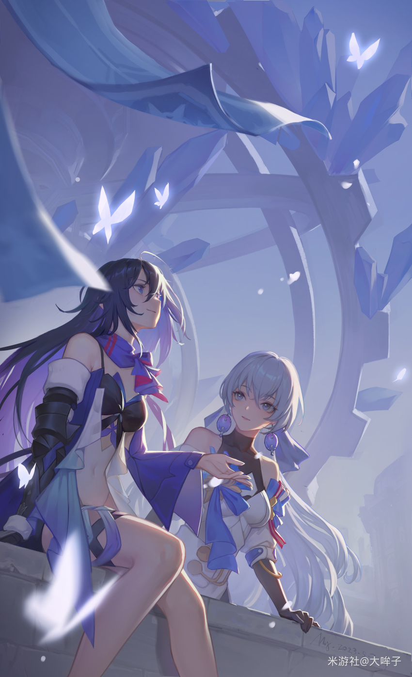 2girls absurdres ahoge artist_name artist_request bare_legs bare_shoulders blue_eyes blue_hair blue_scarf breasts bronya_rand brown_gloves bug butterfly covered_navel day earrings elbow_gloves feet_out_of_frame gloves grey_eyes grey_hair hair_between_eyes highres honkai:_star_rail honkai_(series) jewelry long_hair looking_at_another looking_up medium_breasts multiple_girls open_hand outdoors scarf seele_(honkai:_star_rail) sitting small_breasts smile