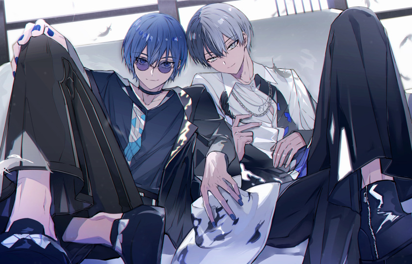 2boys aoyagi_touya balcony black_footwear black_pants blue_eyes blue_hair blue_shirt boots bucket_hat chain_necklace grey_eyes hat highres holding holding_clothes holding_hat jacket jewelry kaito_(vocaloid) long_sleeves looking_at_viewer lying male_focus multicolored_hair multiple_boys necklace on_back pants project_sekai round_eyewear shirt smile split-color_hair sunglasses suou vivid_bad_squad_kaito vocaloid walk_on_and_on_(project_sekai) white_headwear white_jacket white_shirt