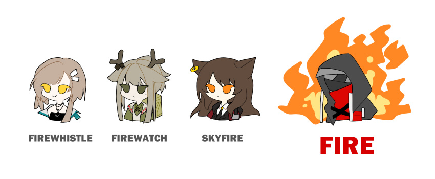 1boy 3girls animal_ears arknights black_jacket black_necktie brown_hair character_name chibi closed_mouth expressionless fire firewatch_(arknights) firewhistle_(arknights) fox_ears green_eyes grey_hair hateful_avenger_(arknights) highres hood hood_up hooded_jacket jacket multiple_girls name_connection necktie red_scarf scarf shirt simple_background skyfire_(arknights) smile upper_body white_background white_shirt xity yellow_eyes