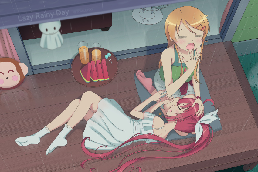 2girls absurdres blonde_hair crossover date_a_live fang food fruit hair_ornament hair_ribbon hairclip hand_on_another's_head highres itsuka_kotori kousaka_kirino lap_pillow multiple_girls open_mouth ore_no_imouto_ga_konna_ni_kawaii_wake_ga_nai rain red_socks redhead ribbon scarletsky sleeping socks teruterubouzu watermelon watermelon_slice white_socks yawning