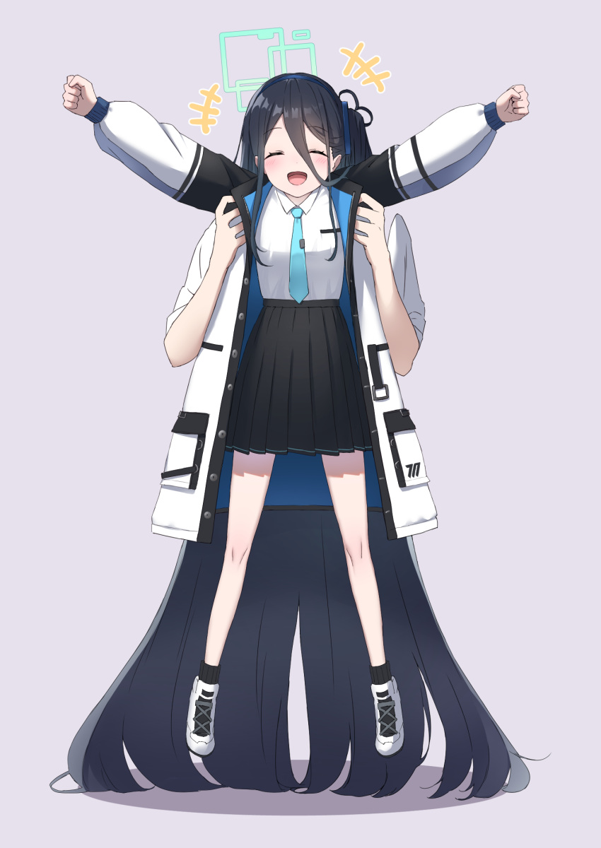 1boy 1girl :d ^_^ absurdly_long_hair aris_(blue_archive) arms_up black_hair black_skirt blue_archive blue_necktie breast_pocket carrying carrying_person closed_eyes disembodied_limb full_body hair_between_eyes hair_ornament hairband halo happy highres long_hair looking_at_viewer mogurii necktie one_side_up outstretched_arms pocket sensei_(blue_archive) shirt shoes sidelocks skirt smile sneakers spread_arms two-tone_coat very_long_hair white_shirt