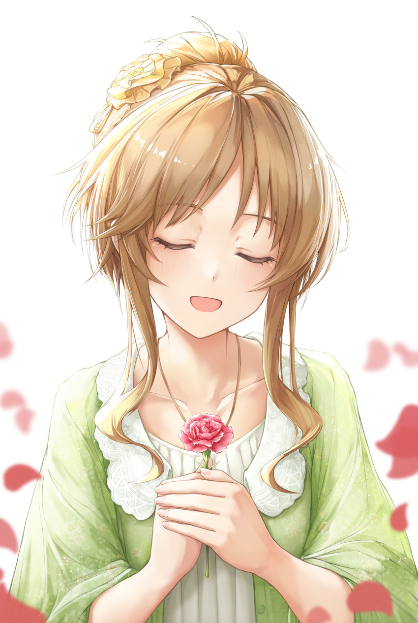 1girl absurdres blush brown_hair closed_eyes collarbone dress facing_viewer flower green_dress hair_flower hair_ornament highres holding holding_flower idolmaster idolmaster_cinderella_girls long_hair mother's_day nakata_(nkt_vvd) open_mouth petals simple_background smile solo takamori_aiko upper_body white_background
