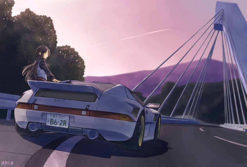 1girl baronilu black_hair black_shirt bridge car commentary english_commentary from_behind guard_rail highres license_plate long_hair long_sleeves motor_vehicle mountain outdoors ridge_racer road shirt solo sports_car standing vehicle_focus vehicle_request