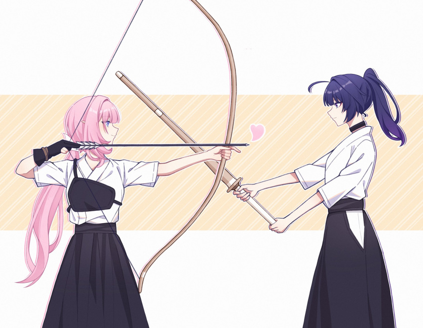 2girls ahoge aiming alternate_costume arrow_(projectile) black_choker black_gloves bow_(weapon) chinese_commentary choker closed_mouth elysia_(honkai_impact) gloves heart high_ponytail highres honkai_(series) honkai_impact_3rd long_hair looking_at_another multiple_girls pink_hair pointy_ears ponytail purple_hair raiden_mei shirt shiyuki_(yuki_09_22) simple_background single_glove smile standing sword violet_eyes weapon white_shirt white_sleeves wooden_sword