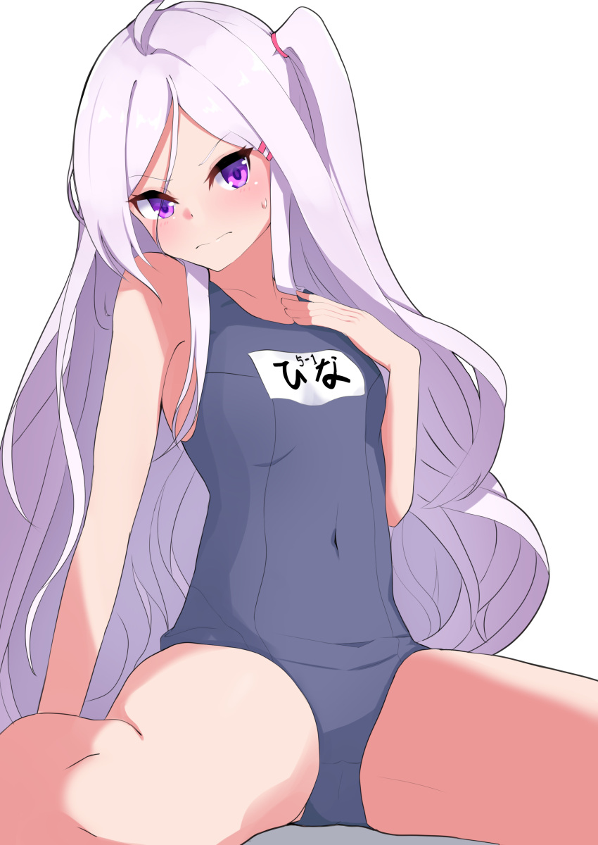 1girl absurdres blue_archive grey_hair hair_ornament hairpin highres hina_(blue_archive) hina_(swimsuit)_(blue_archive) long_hair looking_at_viewer nise_no_tsubo official_alternate_costume purple_hair school_swimsuit swimsuit thighs violet_eyes white_hair