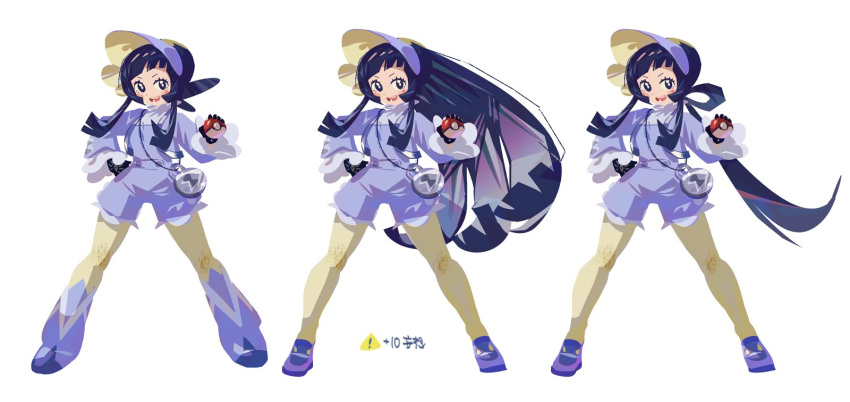 ! 1girl :d aged_up black_eyes black_gloves black_hair blunt_bangs blush boots bright_pupils commentary_request eyelashes gloves hand_on_own_hip hashima_(hashima-dr) highres holding holding_poke_ball legs_apart long_hair long_sleeves looking_at_viewer multiple_views open_mouth overalls pantyhose poke_ball poke_ball_(basic) pokemon pokemon_(game) pokemon_sv ponytail poppy_(pokemon) shoes sidelocks simple_background smile standing teeth white_background yellow_pantyhose