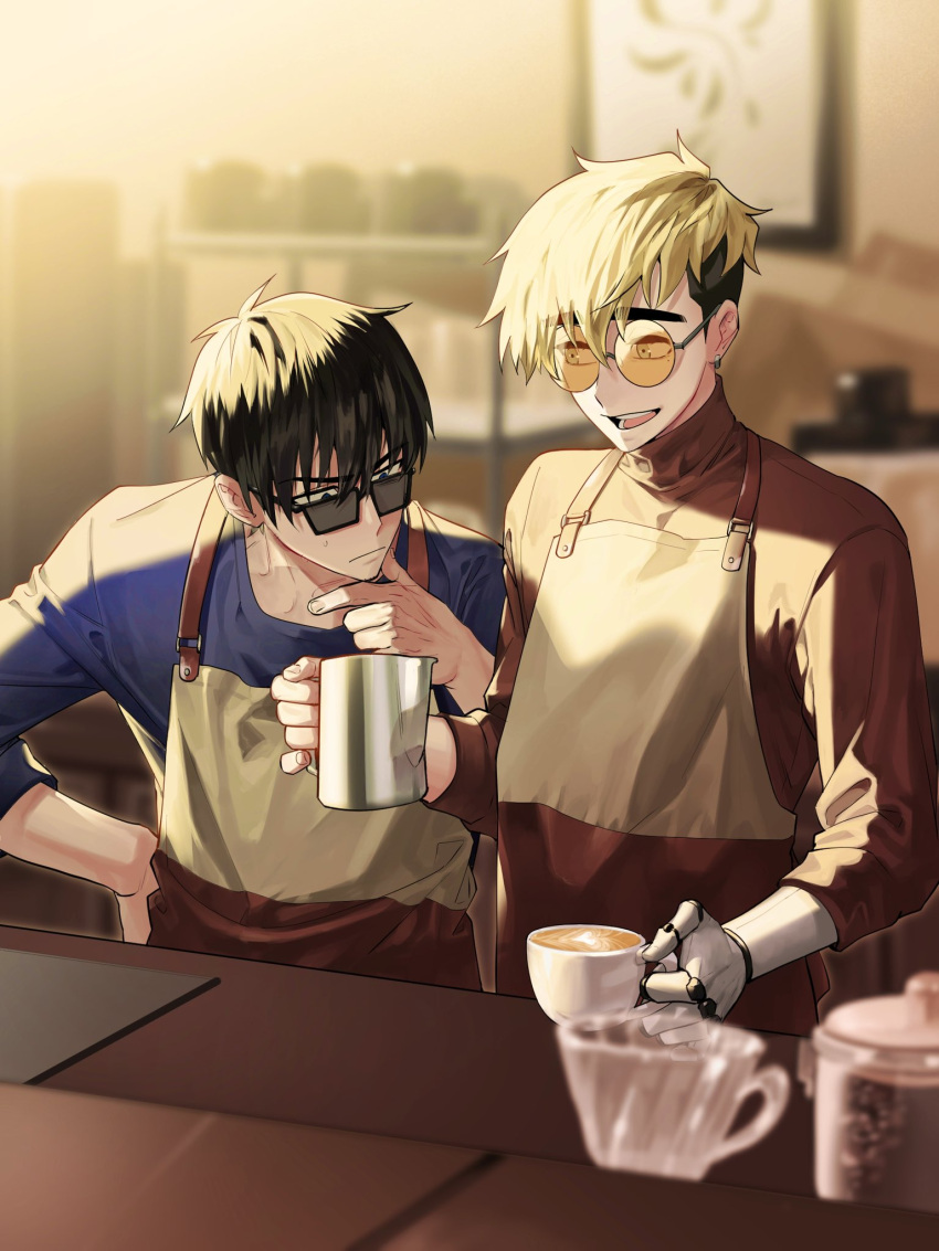 2boys apron black_eyes black_hair blonde_hair blue_shirt brown_apron closed_mouth coffee_cup cowboy_shot cup disposable_cup earrings gaeha_is hand_on_own_chin highres holding holding_cup indoors jewelry long_sleeves male_focus mole mole_under_eye multiple_boys nicholas_d._wolfwood open_mouth prosthesis prosthetic_arm red_shirt round_eyewear shirt short_hair single_earring smile standing stroking_own_chin sunglasses sweatdrop table trigun trigun_stampede undercut vash_the_stampede