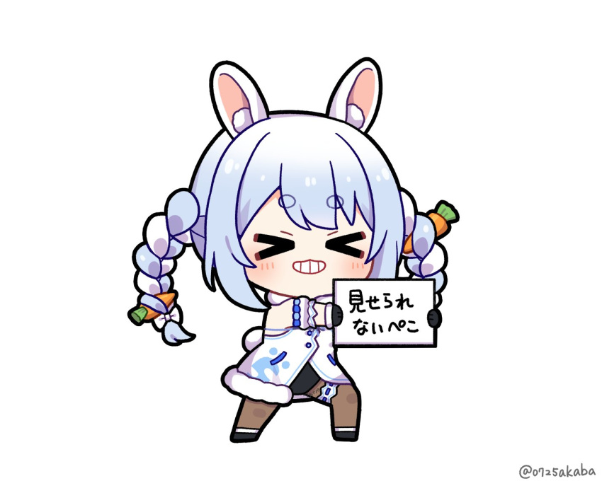 &gt;_&lt; 0725akaba 1girl animal_ear_fluff animal_ears bare_shoulders black_footwear black_gloves black_leotard blue_hair blush bow braid brown_pantyhose can't_show_this_(meme) carrot_hair_ornament chibi closed_eyes commentary_request detached_sleeves dress facing_viewer food-themed_hair_ornament full_body fur-trimmed_dress fur-trimmed_gloves fur_trim gloves grin hair_bow hair_ornament holding holding_sign hololive leotard meme multicolored_hair pantyhose puffy_short_sleeves puffy_sleeves rabbit_ears rabbit_girl rabbit_tail shoes short_eyebrows short_sleeves sign simple_background smile solo standing tail thick_eyebrows translation_request twin_braids twintails twitter_username two-tone_hair usada_pekora virtual_youtuber white_background white_bow white_dress white_hair white_sleeves