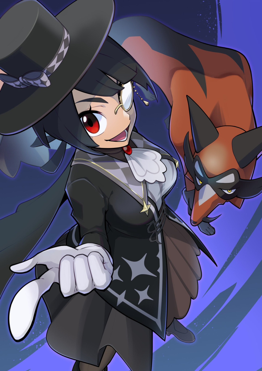 1girl :d ascot black_headwear blue_background breasts brown_skirt chain commentary_request eyelashes gloves hat highres index_finger_raised looking_at_viewer lower_teeth_only monocle official_alternate_costume opaque_monocle open_mouth pantyhose pleated_skirt pokemon pokemon_(creature) pokemon_(game) pokemon_masters_ex red_eyes skirt smile teeth thievul white_ascot white_gloves yuro_(mangasukinoyuro) zinnia_(pokemon) zinnia_(special_costume)_(pokemon)