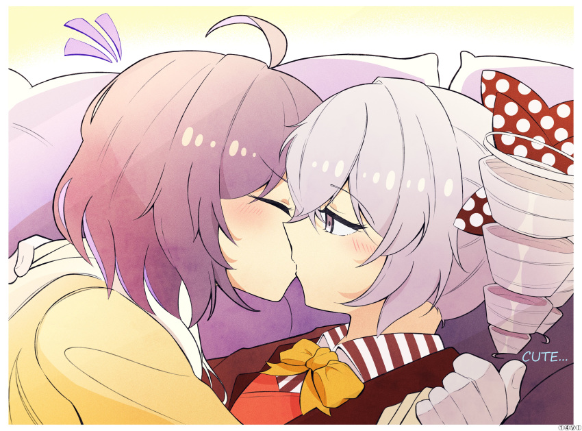 2girls absurdres ahoge blush bow bronya_zaychik brown_jacket collared_shirt commentary drill_hair english_text from_side gloves grey_hair hair_between_eyes hair_bow highres honkai_(series) honkai_impact_3rd hood hood_down hooded_jacket jacket kiss multiple_girls notice_lines orange_vest polka_dot polka_dot_bow prjctbnny profile purple_hair red_bow seele_vollerei shirt striped striped_shirt symbol-only_commentary twin_drills twintails vertical-striped_shirt vertical_stripes vest violet_eyes white_gloves yellow_bow yellow_jacket yuri