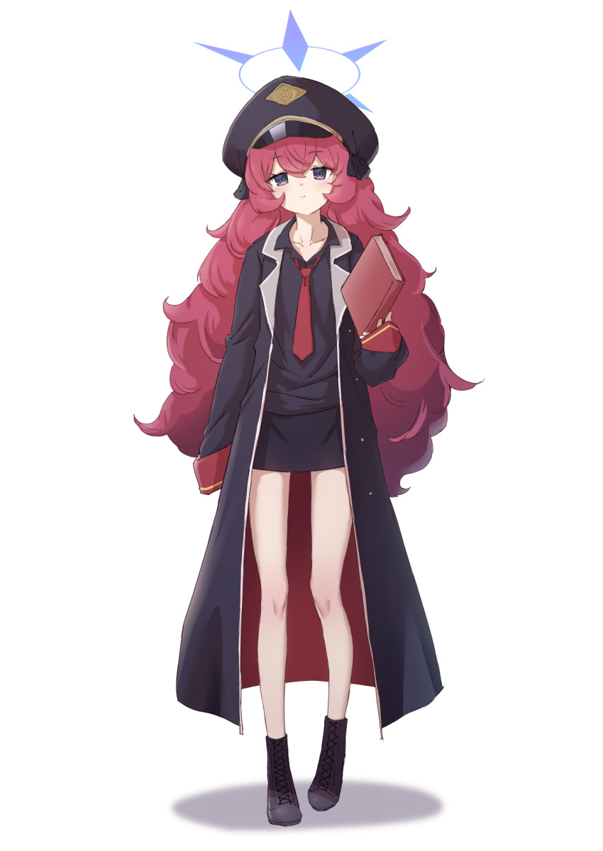 1girl black_coat black_skirt blue_archive book bow coat collarbone commentary_request full_body grey_eyes hair_between_eyes hair_bow hair_ribbon halo hat highres holding holding_book iroha_(blue_archive) long_hair long_sleeves looking_at_viewer mogurii necktie open_clothes open_coat peaked_cap pencil_skirt red_necktie redhead ribbon school_uniform sidelocks skirt solo standing twitter_username wavy_hair white_background