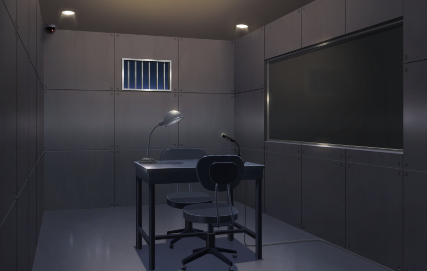 absurdres air_vent camera ceiling ceiling_light chair highres indoors interrogation lamp no_humans office_chair original scenery security_camera swivel_chair tile_wall tiles window yu02257951