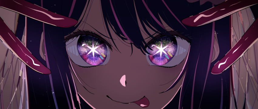 1girl close-up closed_mouth commentary_request derivative_work double_v eye_focus gloves hair_between_eyes highres hoshino_ai_(oshi_no_ko) long_hair multicolored_eyes one_side_up oshi_no_ko pink_eyes pink_gloves purple_hair sidelocks solo star-shaped_pupils star_(symbol) symbol-shaped_pupils tongue tongue_out v violet_eyes yuuri-622