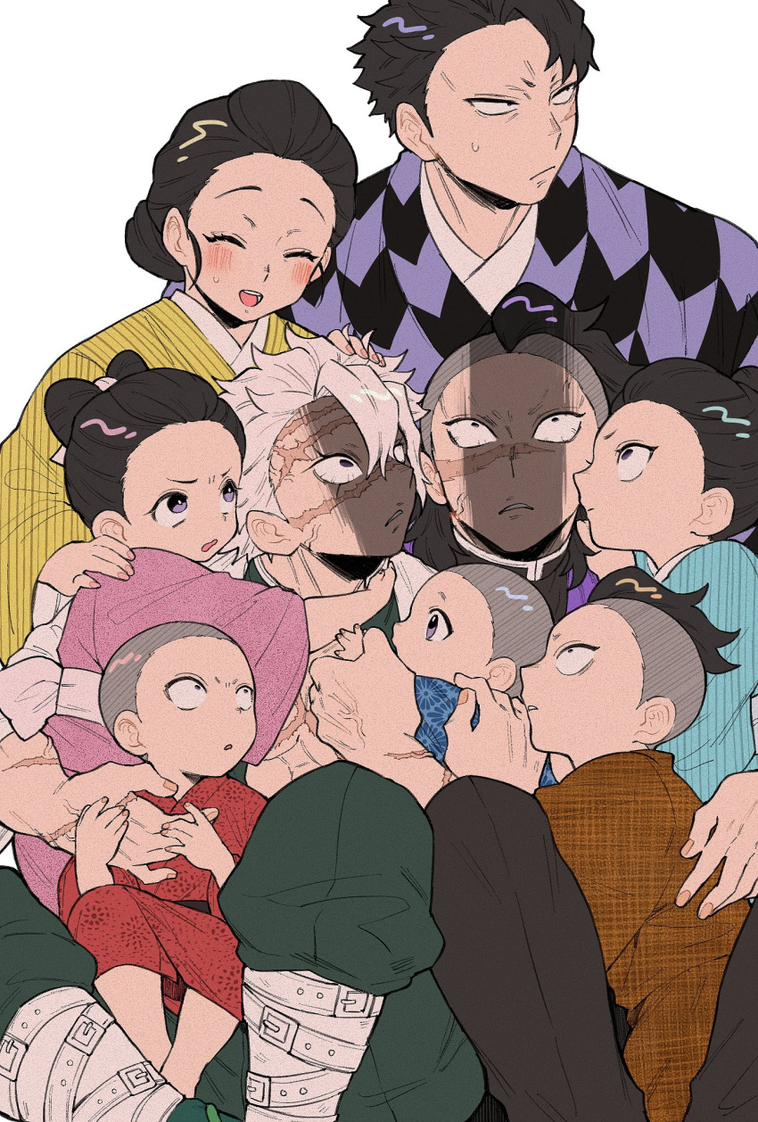 4girls 6+boys affectionate alternate_universe anger_vein annoyed black_hair black_pants bow-shaped_hair brother_and_sister brothers brown_kimono buzz_cut carrying child child_carry demon_slayer_uniform family female_child frown gohanha118 green_pants grey_hair group_hug hair_bun hair_pulled_back hand_on_another's_back hand_on_another's_head hand_on_another's_shoulder hand_up headpat highres holding_hands hug japanese_clothes kimetsu_no_yaiba kimono knees_up long_sleeves looking_at_another looking_away looking_up male_child mohawk multiple_boys multiple_girls pants pink_kimono red_kimono scar scar_on_arm scar_on_chest scar_on_face scar_on_forehead scar_on_nose shinazugawa_genya shinazugawa_hiroshi shinazugawa_koto shinazugawa_kyougo shinazugawa_sanemi shinazugawa_shizu shinazugawa_shuya shinazugawa_sumi shinazugawa_teiko short_hair siblings simple_background single_hair_bun sisters sitting sitting_on_lap sitting_on_person sweatdrop updo very_short_hair violet_eyes white_background wide_sleeves yellow_kimono