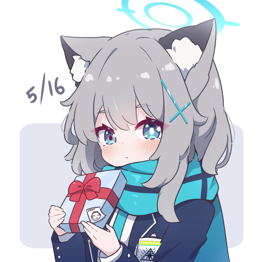 1girl animal_ear_fluff animal_ears arona's_sensei_doodle_(blue_archive) blue_archive blue_eyes blue_jacket blue_necktie blue_scarf blush closed_mouth commentary dated english_commentary gift grey_background grey_hair hair_ornament halo highres holding holding_gift jacket kurotofu long_hair long_sleeves looking_at_viewer necktie open_clothes open_jacket scarf sensei_(blue_archive) shiroko_(blue_archive) shirt solo two-tone_background upper_body white_background white_shirt