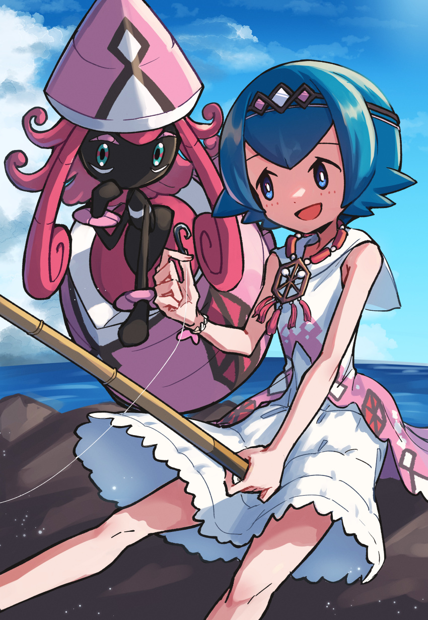 1girl absurdres blue_eyes blue_hair blue_sky clouds feet_out_of_frame fishing_rod highres holding holding_fishing_rod kamomasaki lana_(pokemon) lana_(sygna_suit)_(pokemon) looking_at_another ocean official_alternate_costume open_mouth pokemon pokemon_(creature) pokemon_(game) pokemon_masters_ex sitting sky smile tapu_lele