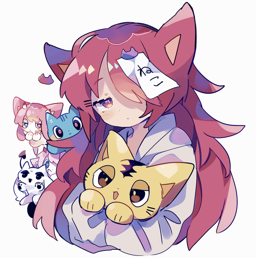 2girls :&lt; :d :o :| animal animal_ears blue_cat blue_eyes blush blush_stickers cat cat_ears cat_hair_ornament chibi closed_mouth demon_tail dot_nose hair_ornament hair_over_one_eye hairclip half-closed_eyes heterochromia highres holding holding_animal holding_cat hood hoodie horns light_blush long_hair looking_at_viewer multiple_girls original paper paper_on_head pink_eyes pink_hair red_eyes redhead simple_background single_horn smile tail twintails uenomigi upper_body wavy_hair whiskers white_background white_hoodie yellow_cat