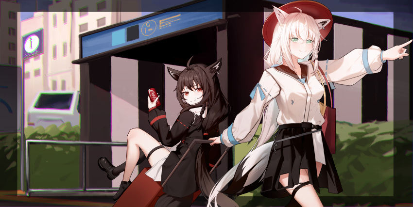 2girls absurdres ahoge animal_ear_fluff animal_ears black_hair black_shirt black_skirt braid breasts can coca-cola commentary_request earrings fox_ears fox_girl fox_tail green_eyes hair_between_eyes haizakura_yuri highres holding holding_can holding_suitcase hololive jewelry key kurokami_fubuki long_hair looking_at_viewer multiple_girls outdoors pointing red_eyes red_headwear rolling_suitcase shirakami_fubuki shirt sidelocks single_braid sitting skirt small_breasts suitcase tail thigh_strap virtual_youtuber white_hair white_shirt white_skirt
