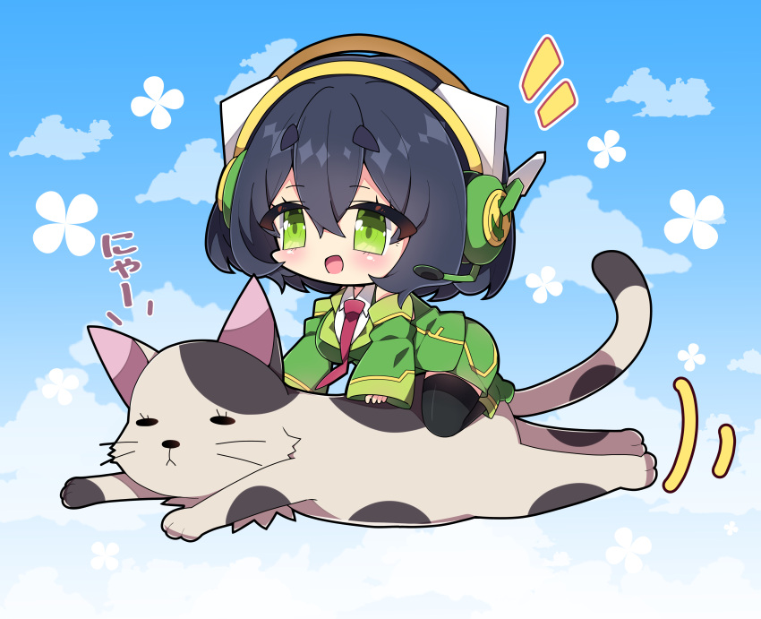 1girl :d absurdres animal black_hair black_thighhighs blue_sky blush breasts cat chibi clouds collared_shirt commentary detached_sleeves green_eyes green_footwear green_jacket green_skirt green_sleeves hair_between_eyes headphones headset highres jacket kyoumachi_seika large_breasts long_sleeves looking_away milkpanda mini_person minigirl motion_lines necktie notice_lines purple_necktie shirt shoes short_eyebrows skirt sky sleeveless sleeveless_jacket sleeves_past_wrists smile solo thick_eyebrows thigh-highs translated voiceroid white_shirt wide_sleeves