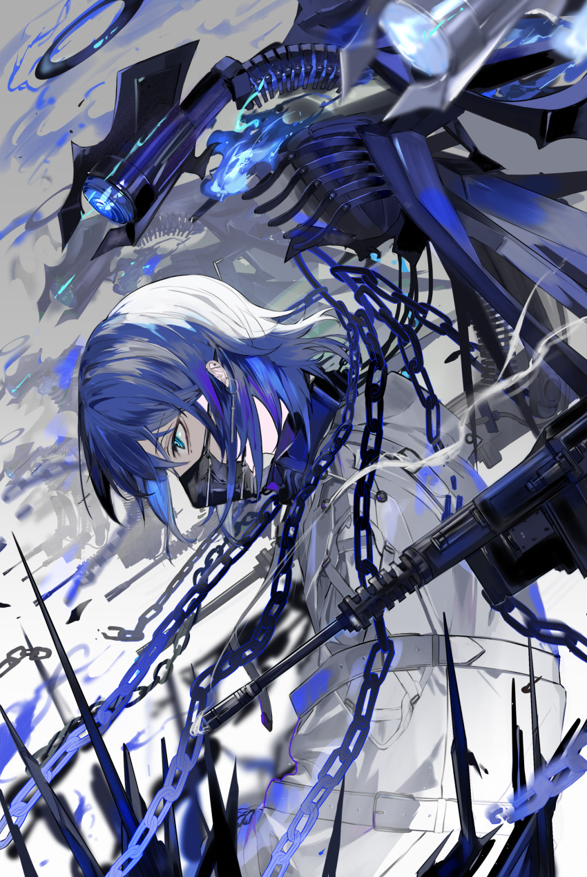 1boy absurdres belt blue_eyes blue_fire blue_hair bound bound_arms buckle chain chain_gun coat collar commentary_request earrings exoskeleton fire floating from_side hair_between_eyes halo high_collar highres jewelry kushiro_kuki long_sleeves looking_down male_focus mask medium_hair mouth_mask original smoke_trail solo upper_body white_coat