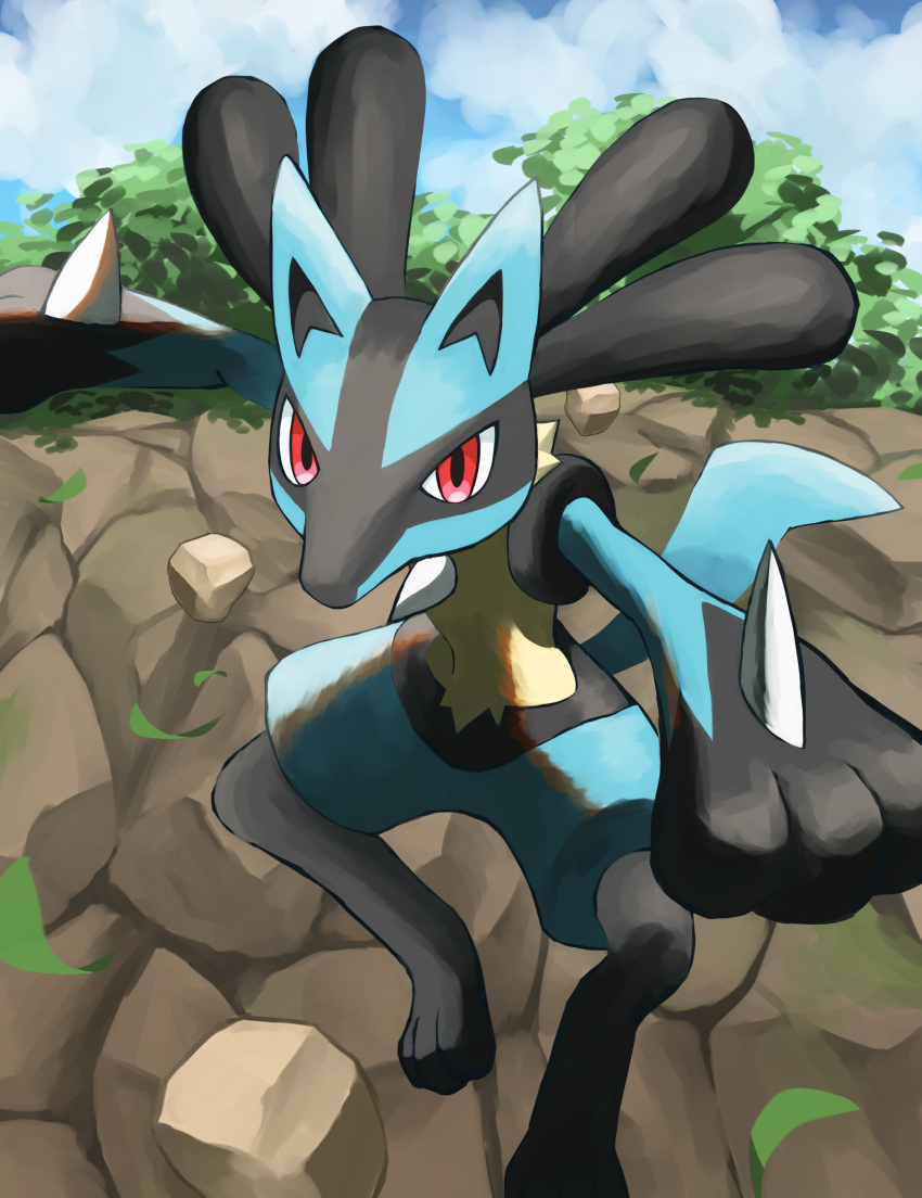 absurdres clouds commentary_request day falling falling_leaves highres jira_(ziraiya26) leaf lucario outdoors pokemon pokemon_(creature) red_eyes sky solo spikes yellow_fur
