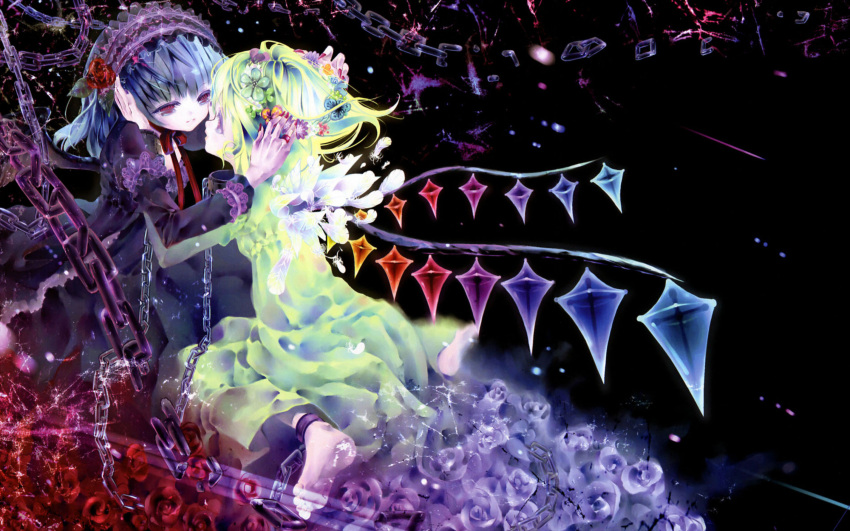 alternate_costume artist_request barefoot blonde_hair blue_hair chain dark dress eye_contact eyelashes feathers fixed flandre_scarlet flower gothic_lolita hairband highres jewelry lolita_fashion long_sleeves multiple_girls nail_polish nc red_eyes remilia_scarlet ring rose scan short_hair siblings sisters touhou wings wreath