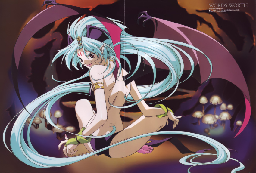 back bat_wings blue_hair bridal_gauntlets crease delta demon_girl facial_mark fixme forehead_mark from_behind gloves head_wings highres long_hair looking_back megami mushroom nail_polish pale_skin pointy_ears red_eyes rin-sin rin_sin scan sitting smile solo succubus very_long_hair wings words_worth