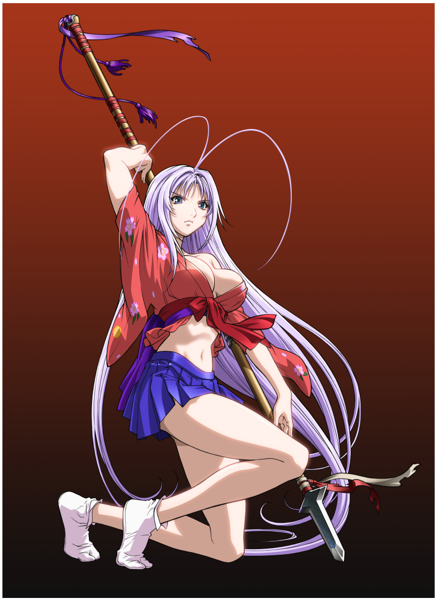 1girl absurdres antenna_hair arm_up bare_legs blue_eyes blue_skirt breasts cleavage closed_mouth female full_body highres holding holding_spear holding_weapon japanese_clothes large_breasts light_purple_hair long_hair looking_away midriff miniskirt natsume_maya navel no_shoes pleated_skirt polearm purple_hair school_uniform skirt slender_waist socks solo spear tabi tenjou_tenge vector_trace very_long_hair weapon white_legwear