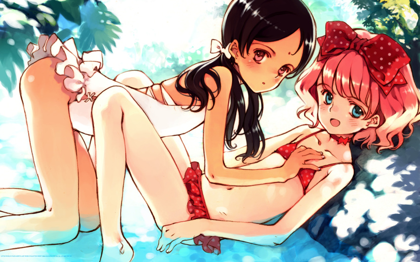 aria_vancleef bikini bindi black_hair blue_eyes flat_chest hair_ribbon hand_on_another's_chest highres kaya_xavier littlewitch looking_at_viewer multiple_girls navel ooyari_ashito oyari_ashito pink_hair ribbon shoujo_mahou_gaku_little_witch_romanesque swimsuit swimsuit wallpaper yuri