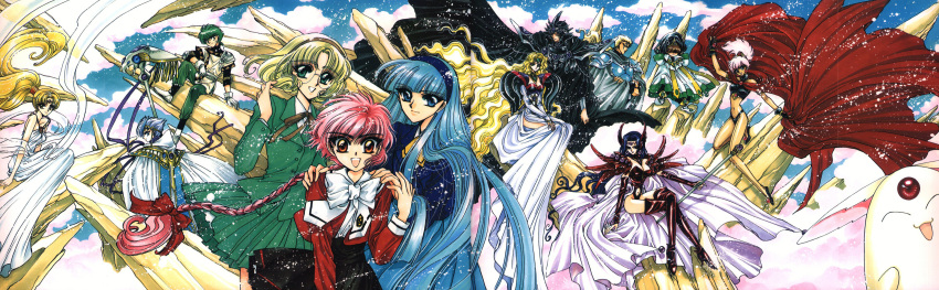 5boys 6+girls alcyone arm_support armor ascot_(rayearth) bangs black_skirt blazer blonde_hair blue_eyes blue_hair blue_hairband blunt_bangs boots braid bridal_gauntlets caldina cape circlet clamp cleavage clef closed_eyes closed_mouth crossed_arms crossed_legs dress earrings emeraude eyebrows_visible_through_hair ferio_(rayearth) forehead_jewel glasses gloves green_blazer green_eyes green_hair green_jacket green_skirt hair_bow hairband hands_on_another's_shoulders holding holding_staff hououji_fuu jacket jewelry lafarga leotard long_dress long_hair long_sleeves magic_knight_rayearth mokona multiple_boys multiple_girls navel navel_cutout neck_ribbon official_art open_mouth parted_bangs pauldrons pink_hair pleated_skirt ponytail presea red_bow red_eyes ribbon ryuuzaki_umi school_uniform shidou_hikaru single_braid skirt sleeveless sleeveless_dress staff strapless strapless_leotard thigh_boots thighhighs very_long_hair wavy_hair white_bow white_dress zagato