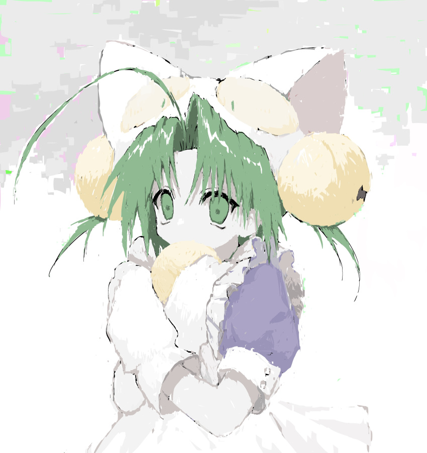 1girl absurdres animal_hands animal_hat antenna_hair apron auksechan bell cat_hat dejiko di_gi_charat dice_hair_ornament dress gloves green_eyes green_hair hair_bell hair_ornament hat highres jingle_bell maid_apron paw_gloves paw_shoes solo white_mittens