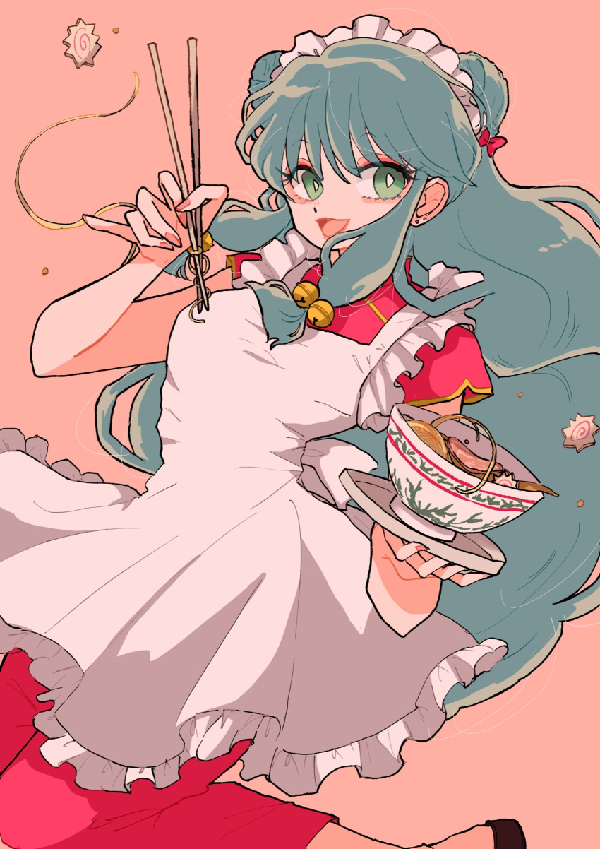 1girl blue_hair bow breasts chinese_clothes cup food green_eyes highres holding holding_food noodles open_mouth pink_background ramen ranma_1/2 red_bow shampoo_(ranma_1/2) simple_background smg1228 solo