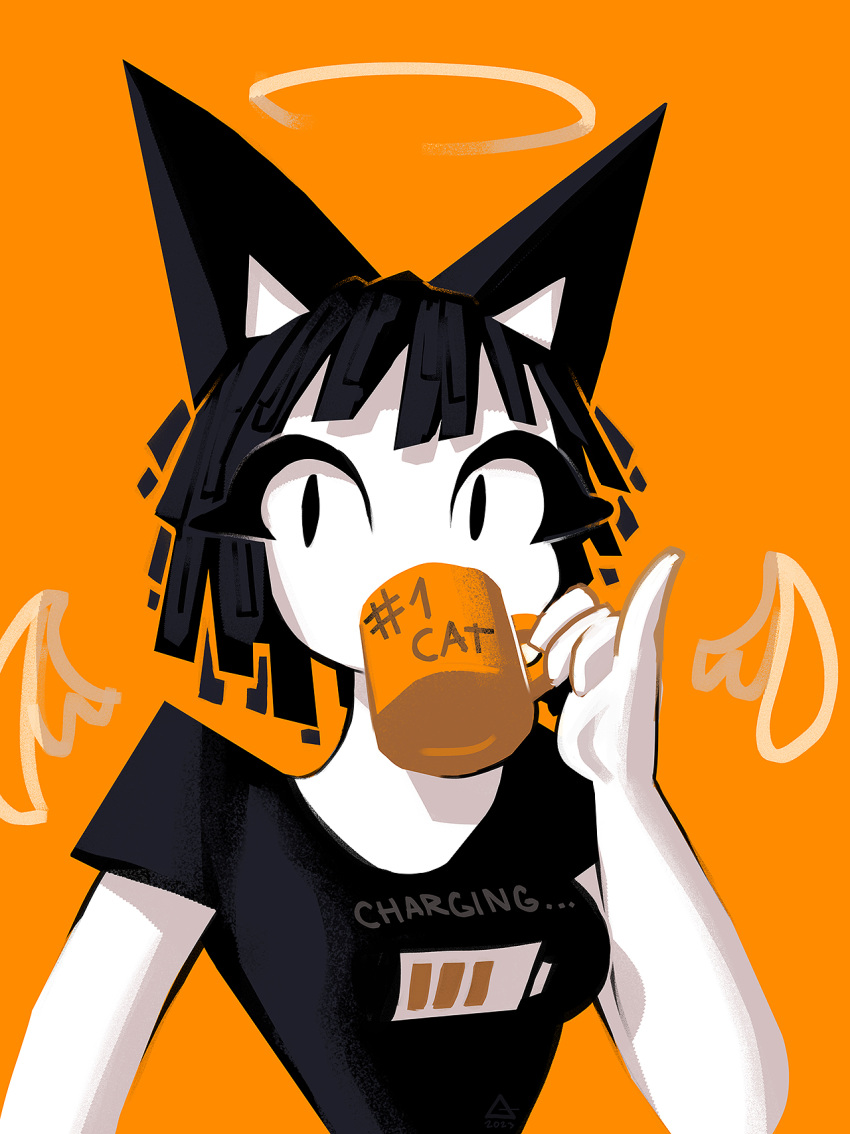 1girl andaerz animal_ears black_shirt breasts cat_ears colored_skin covered_mouth cup detached_wings halo hand_up highres holding holding_cup looking_at_viewer medium_breasts monochrome mug orange_background orange_theme original pinky_out shirt short_hair short_sleeves solo upper_body white_skin wings