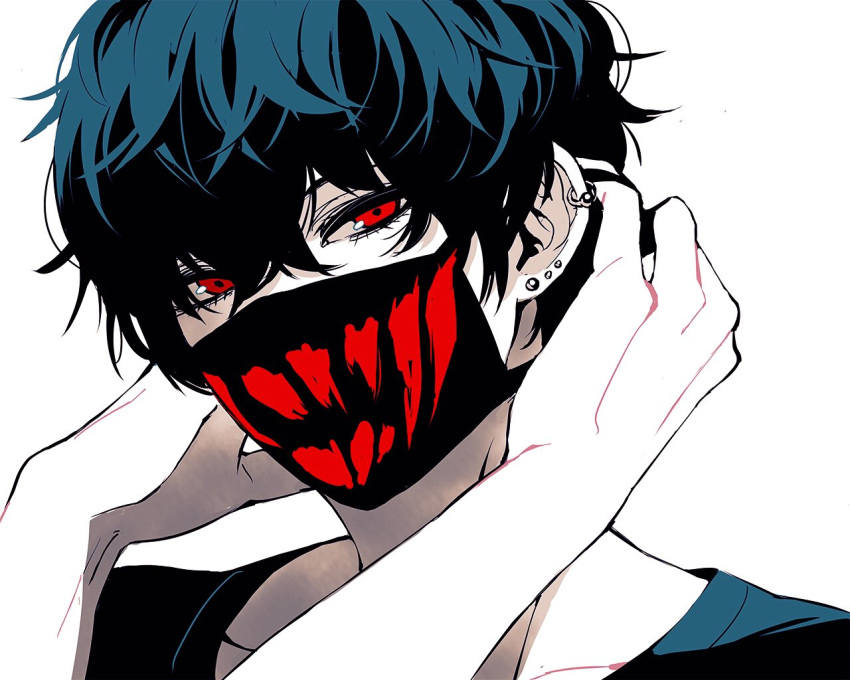 1boy amamiya_ren black_hair black_mask black_shirt ear_piercing eyelashes hair_between_eyes hatomugi_gohan looking_at_viewer male_focus mask mouth_mask pale_skin persona persona_5 piercing portrait red_eyes shirt simple_background solo white_background