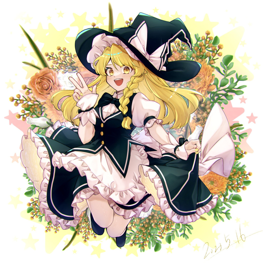 1girl black_footwear black_headwear black_skirt black_vest blonde_hair bow braid commentary english_commentary flower full_body hat hat_bow highres kirisame_marisa komori_(komo_ricecake) long_hair looking_at_viewer marisa_day open_mouth outdoors rose short_sleeves side_braid single_braid skirt solo touhou vest w white_bow witch_hat wrist_cuffs yellow_eyes