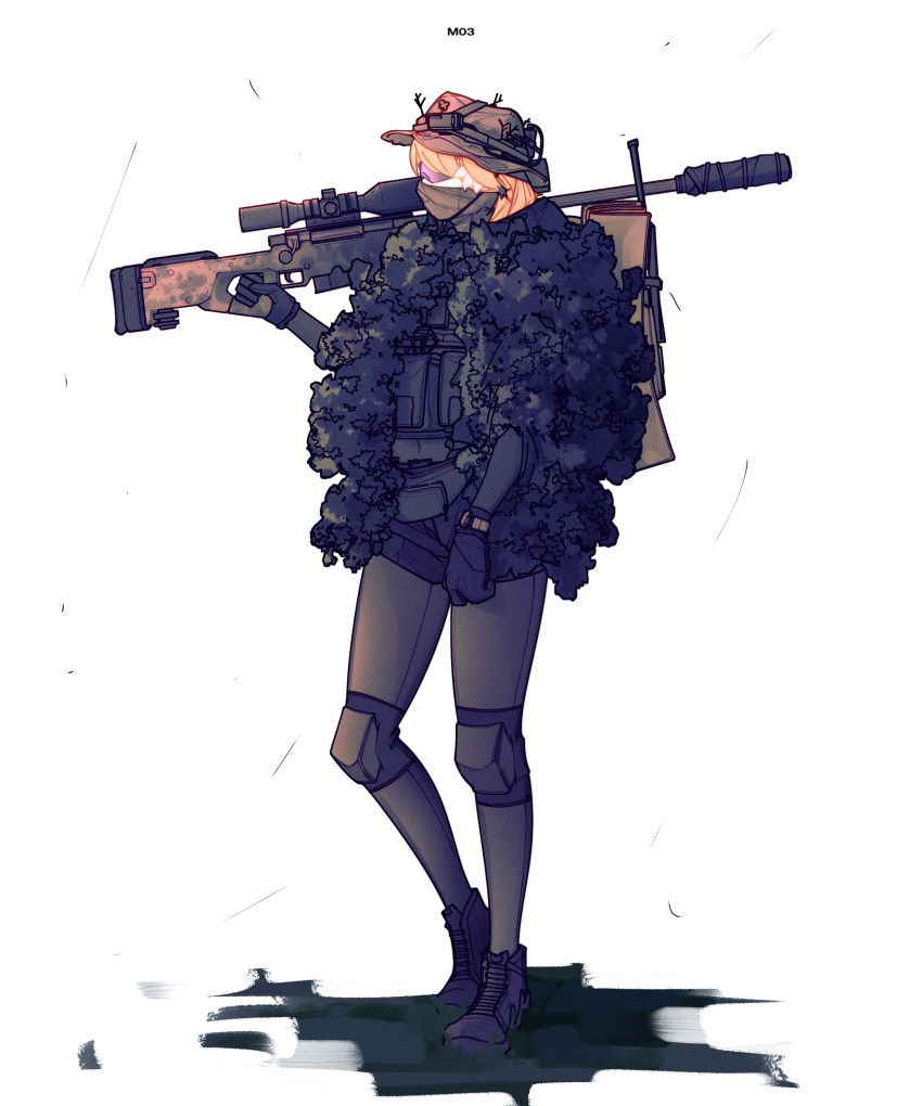1girl absurdres animal_ear_fluff animal_ears artist_name black_footwear black_gloves black_jacket black_shorts blonde_hair brown_headwear brown_pantyhose commentary from_side full_body gloves gun highres holding holding_gun holding_weapon jacket long_sleeves looking_away m03_(annowwwwwwwww) original pantyhose pantyhose_under_shorts purple-tinted_eyewear shoes short_shorts shorts simple_background solo tinted_eyewear weapon weapon_request white_background