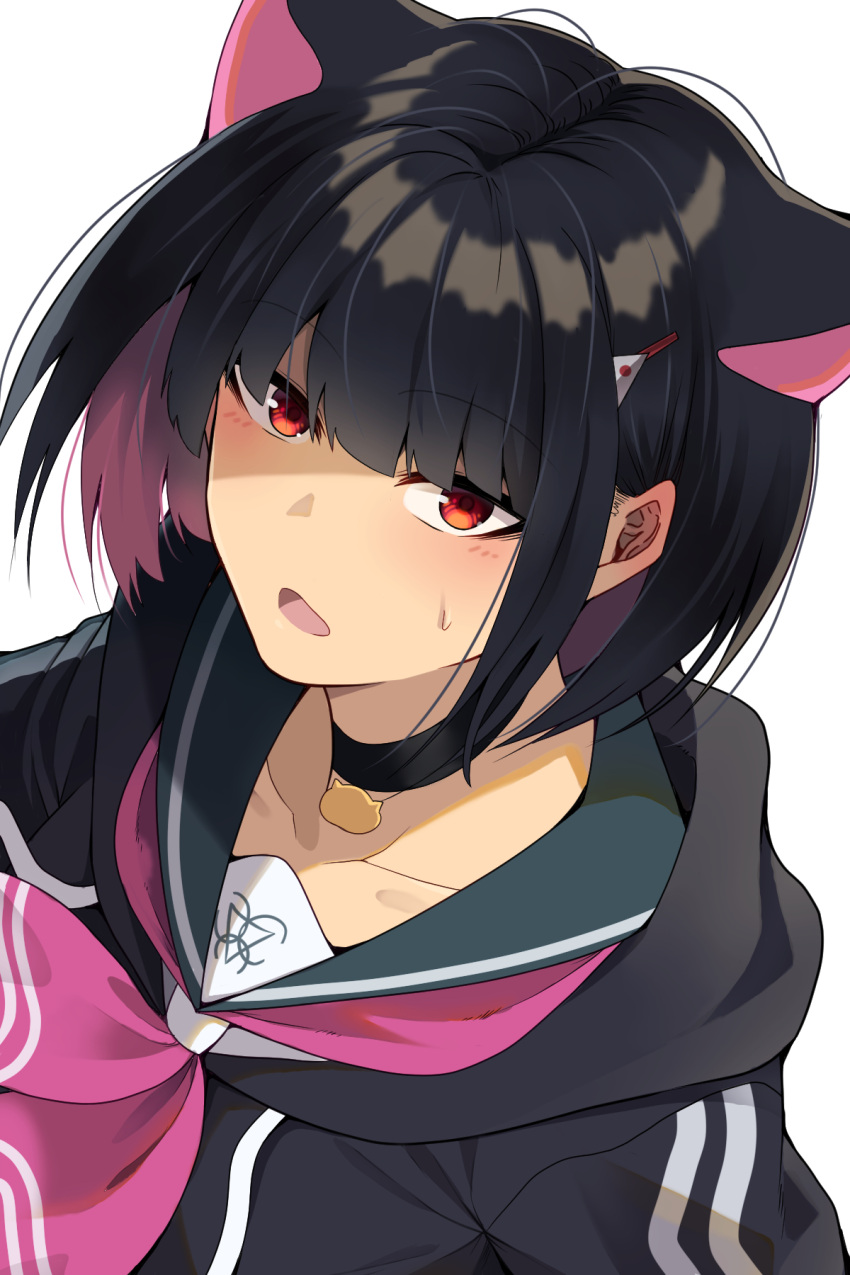 1girl animal_ears black_hair blue_archive breasts cat_ears choker colored_inner_hair extra_ears hair_ornament hairclip highres kazusa_(blue_archive) looking_at_viewer medium_breasts multicolored_hair pink_hair pink_sailor_collar red_eyes sailor_collar school_uniform shirt shunga_(shun608) sidelocks solo upper_body