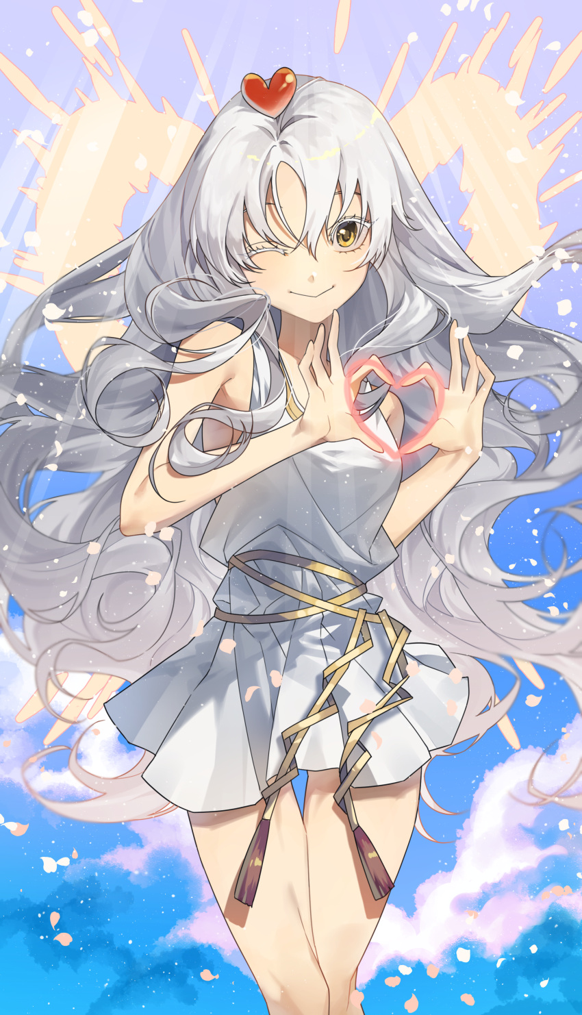 1girl absurdres bare_shoulders caren_hortensia caren_hortensia_(amor_caren) caren_hortensia_(amor_caren)_(first_ascension) closed_mouth clouds commentary_request dress fate/grand_order fate_(series) heart heart_hands highres korean_commentary long_hair looking_at_viewer one_eye_closed piyo_(kyyla) short_dress sleeveless sleeveless_dress smile solo very_long_hair wavy_hair white_dress white_hair yellow_eyes