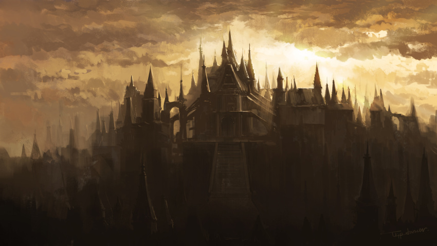anor_londo artist_name building clouds dark_souls_(series) dark_souls_i day highres no_humans outdoors scenery stairs sun tripdancer