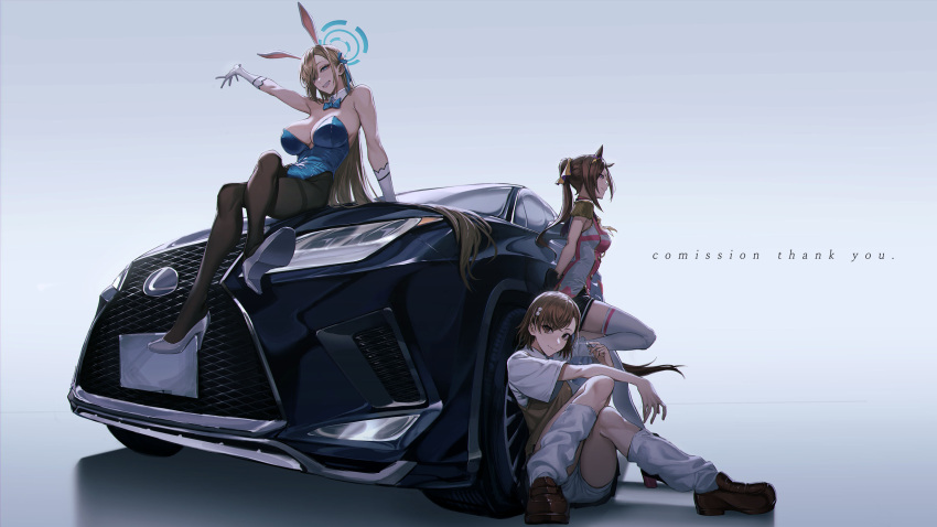 3girls animal_ears arm_support asuna_(blue_archive) asuna_(bunny)_(blue_archive) bike_shorts blonde_hair blue_archive blue_bow blue_eyes blue_leotard bow breasts brown_eyes brown_hair car cardigan character_request check_character crossed_legs detached_collar epaulettes foreshortening gloves halo high_heels highres knees_together_feet_apart large_breasts leaning_against_vehicle leotard loose_socks misaka_mikoto motor_vehicle multiple_girls namahamu913 outstretched_arm pantyhose playboy_bunny ponytail rabbit_ears sakura_bakushin_o_(umamusume) school_uniform simple_background sitting smile socks thigh-highs white_background white_gloves white_thighhighs