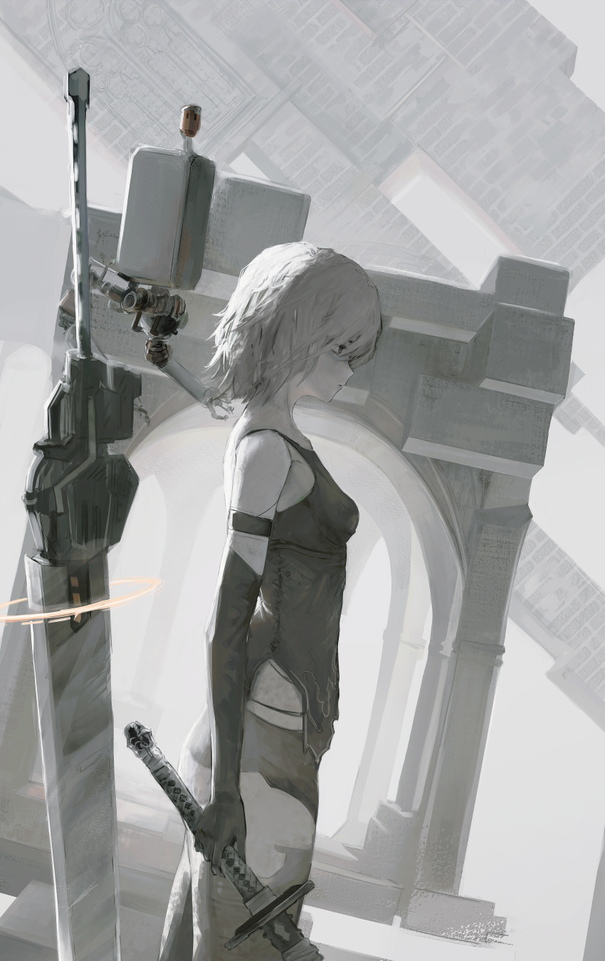 1girl absurdres android bare_shoulders black_gloves breasts elbow_gloves floating floating_object floating_sword floating_weapon gloves highres holding nier:automata nier_(series) nueegochi pod_(nier:automata) sword thigh-highs weapon white_hair yorha_type_a_no._2